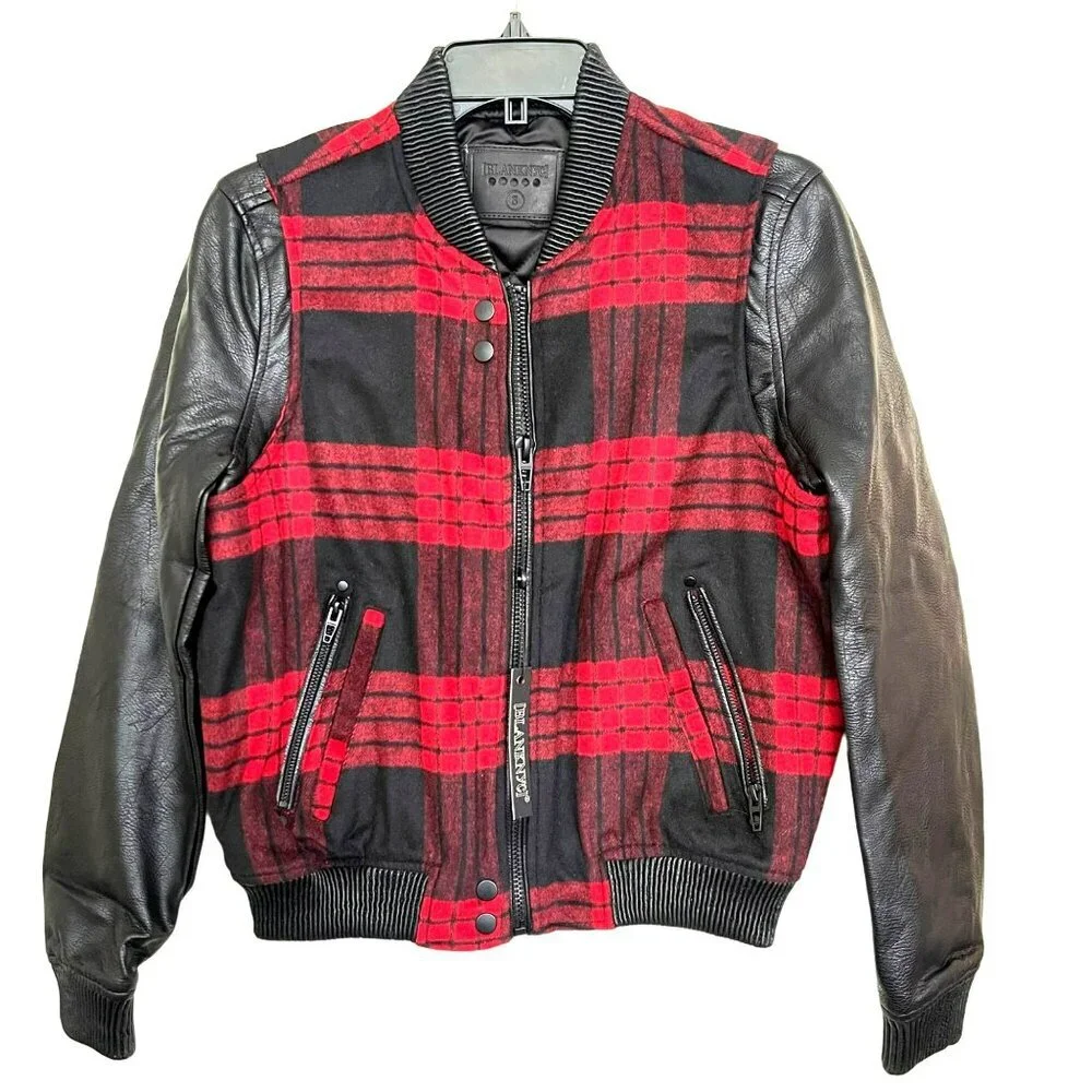 Blank NYC Plaid Bomber Jacket Faux Leather Sleeves Small NEW
